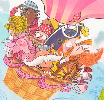 Princess Spaghetti and pirates in a hot air balloon